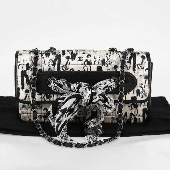 CHANEL Chain COCO Mark Choco Bar Shoulder Bag Satin Black White CC Auth 128055V - Picture 2 of 14